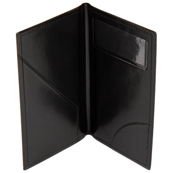 A black leather guest check presenter with a credit card pocket.