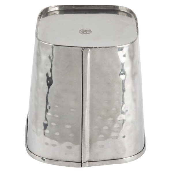 An American Metalcraft stainless steel square fry cup with a hammered texture on the outside.