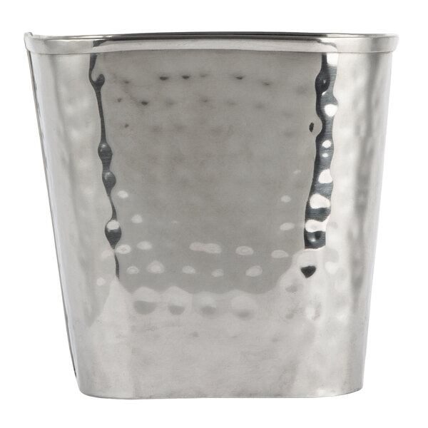 An American Metalcraft stainless steel fry cup with a hammered texture.