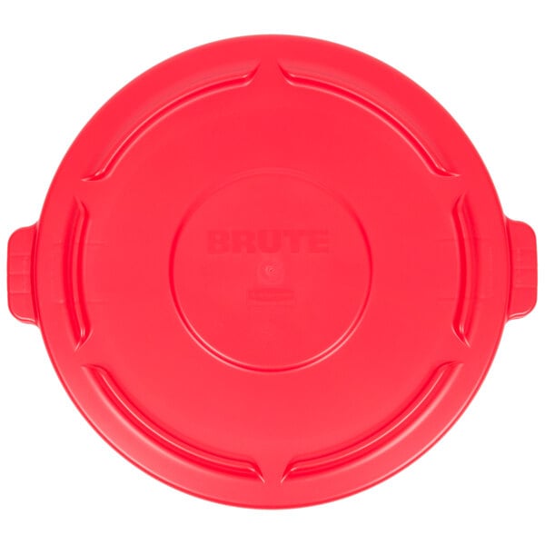 A red plastic Rubbermaid lid for a 44 gallon round trash can with handles.