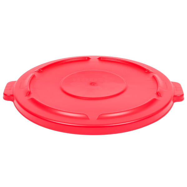 A red plastic lid for a Rubbermaid BRUTE trash can with a handle.