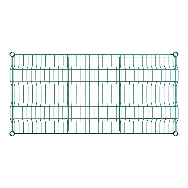 A green wire rack shelf with slots.