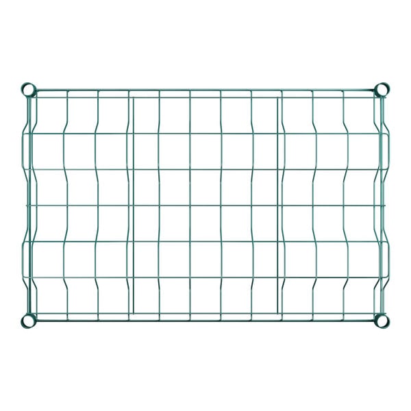 A green wire shelf with wire mesh.
