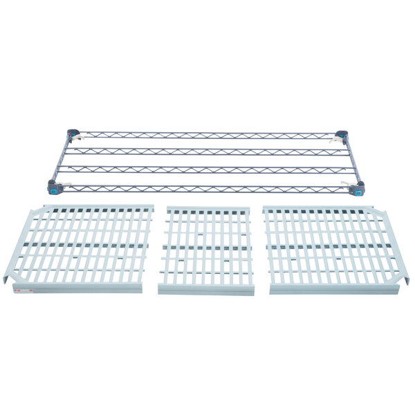 A white metal MetroMax shelf with blue metal bars.