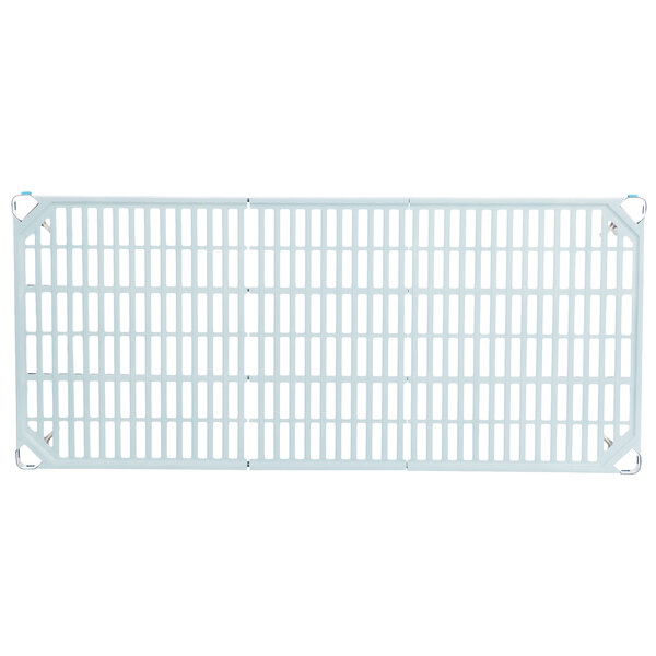 A white metal grid with rectangular bars and blue handles.
