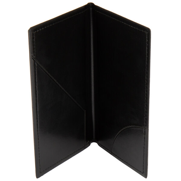 A black leather Menu Solutions guest check presenter with a white background.