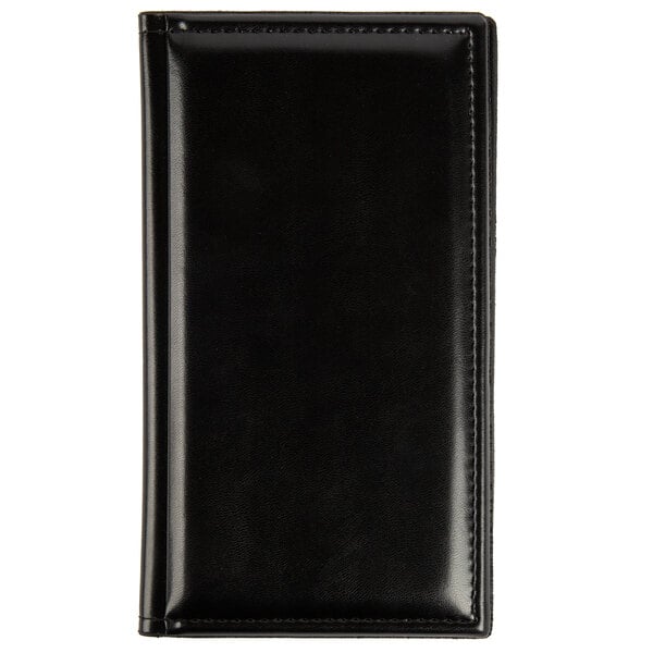 A black leather Menu Solutions guest check presenter.