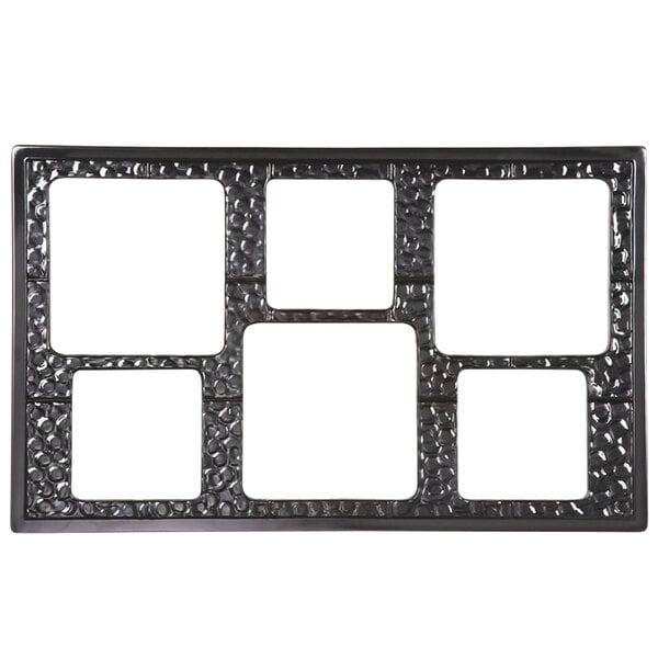 A black melamine adapter plate with six square cut-outs.