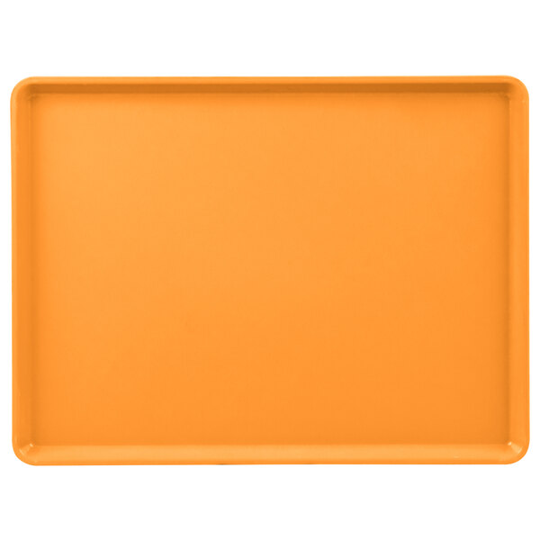 An orange rectangular tray with white details.
