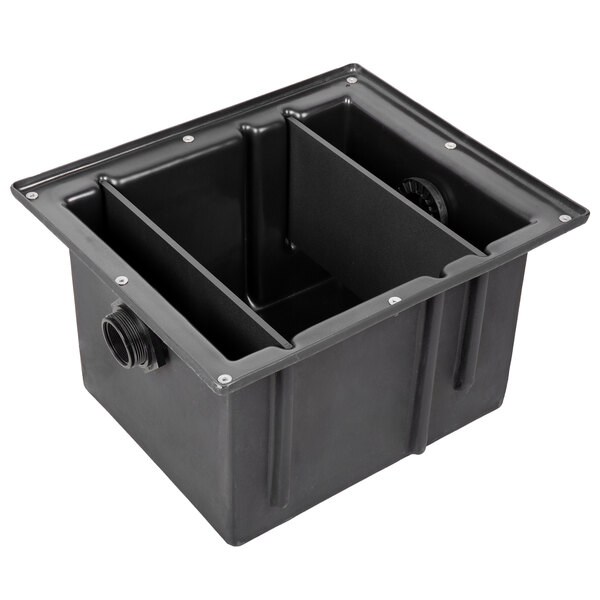 A black rectangular Ashland PolyTrap grease trap with threaded connections and two holes.