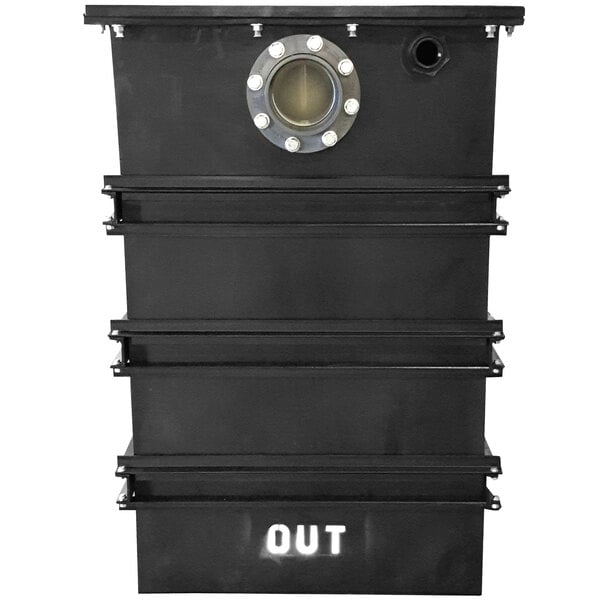 An Ashland PolyTrap grease trap with a round window on a black box.