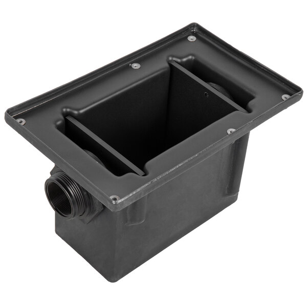 An Ashland black plastic rectangular grease trap with a drain hole.
