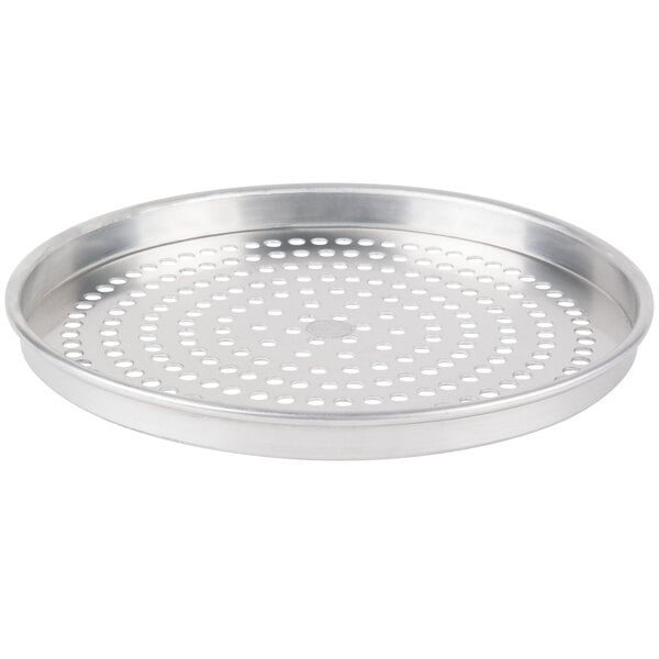 An American Metalcraft Super Perforated Heavy Weight Aluminum pizza pan with holes.