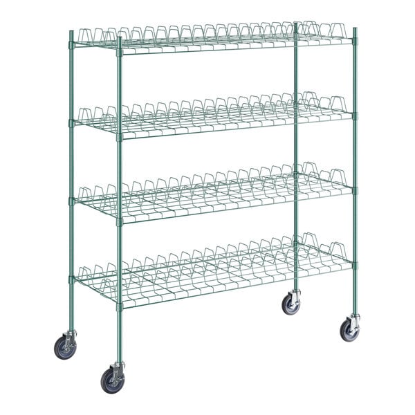 A green wire rack with wheels.