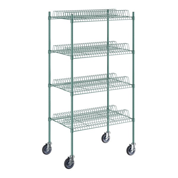 A green metal wire rack with wheels and several shelves.