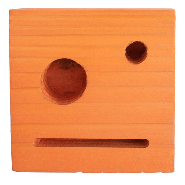 A customizable wooden block check presenter with two holes in it.