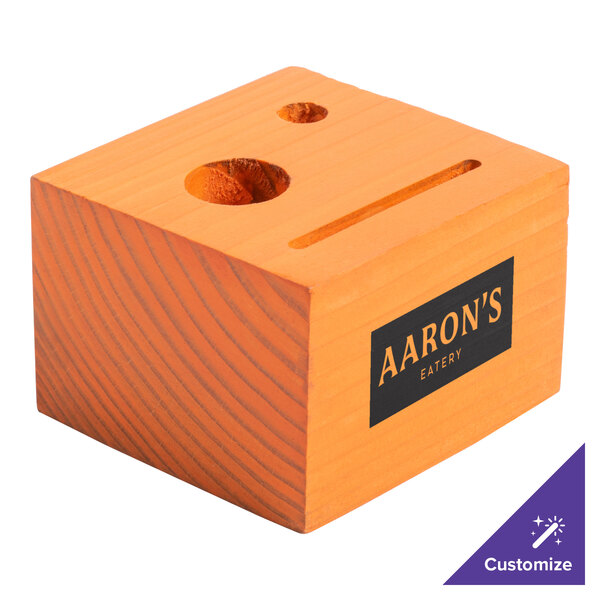 A customizable wooden block check presenter with a logo.