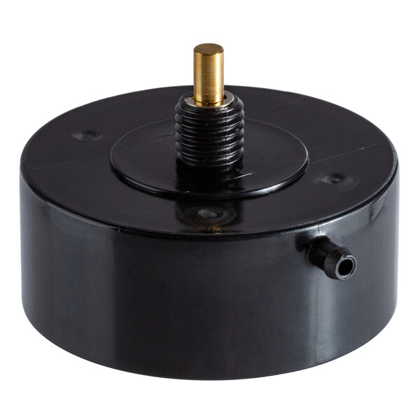 A black plastic knob with a gold metal screw on it.