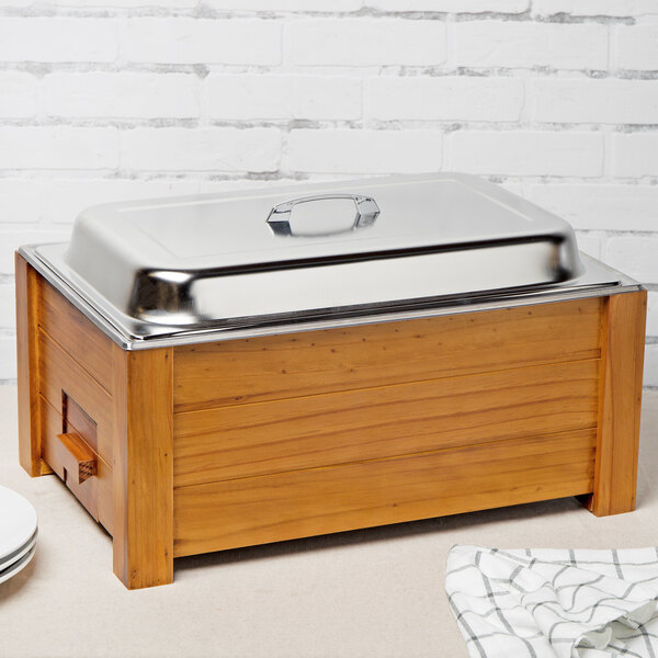 Choice 8.3 Qt. Full Size Wood Chafer with Pine Wood Stand and Stainless ...