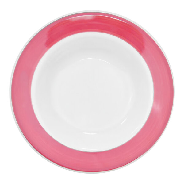 A red, pink, and white pasta bowl with a rim.