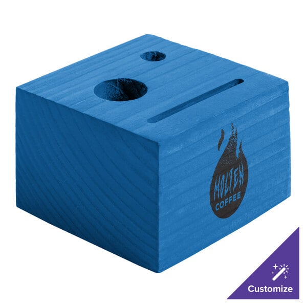 A blue wooden block check presenter with customizable branding and slots for holding checks or receipts.