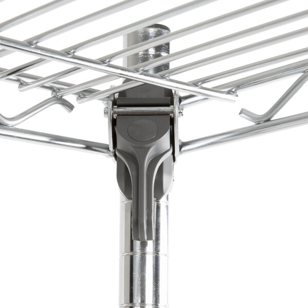 A Metro chrome wire shelving unit with polyurethane casters.