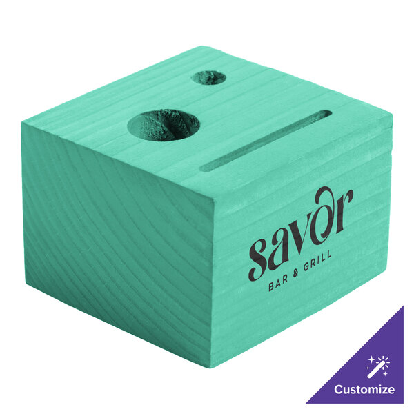 A teal wooden block check presenter with a logo on it.