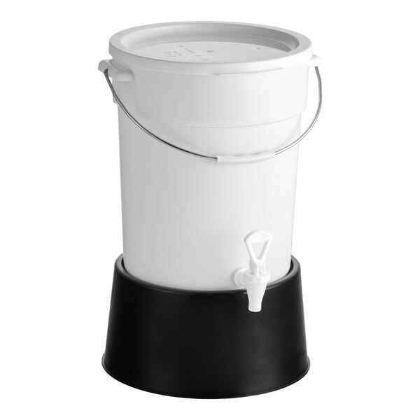 A round 6-gallon white beverage dispenser with a spigot and a black base.