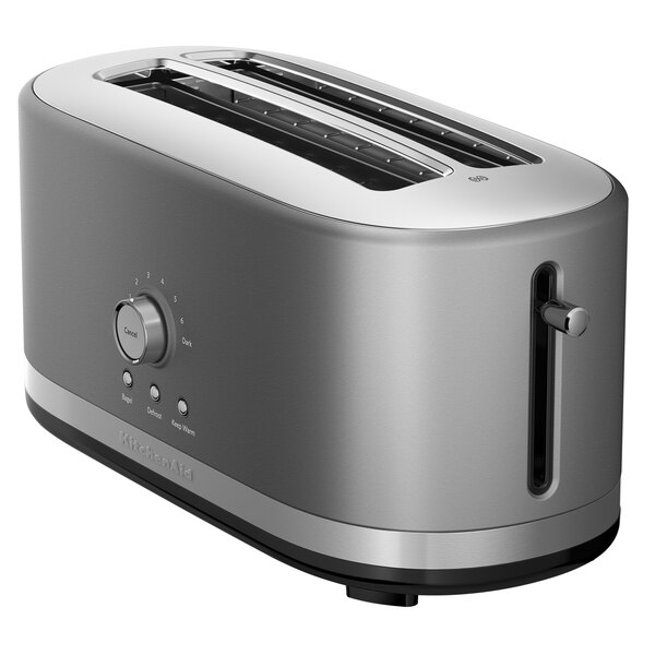 A silver KitchenAid 4 slice toaster with buttons and knobs.