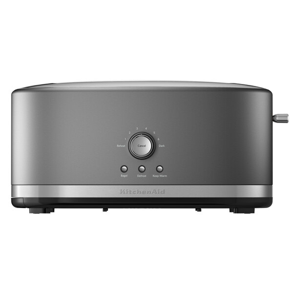 A close-up of a silver KitchenAid long slot toaster.