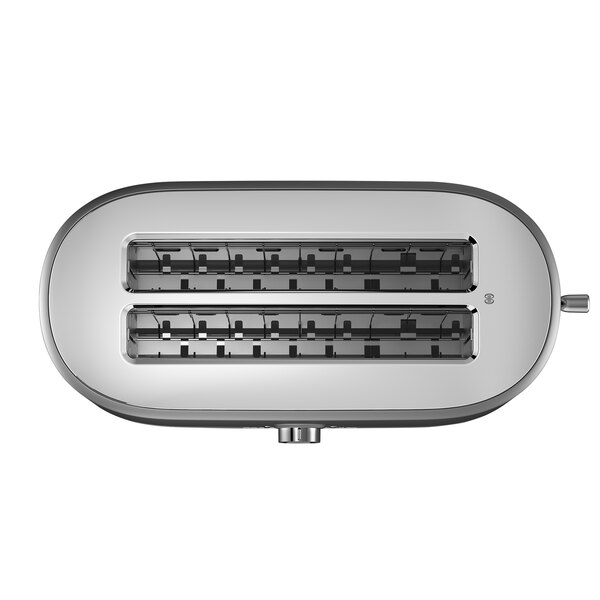 A silver KitchenAid long slot toaster with four slots and a black handle.