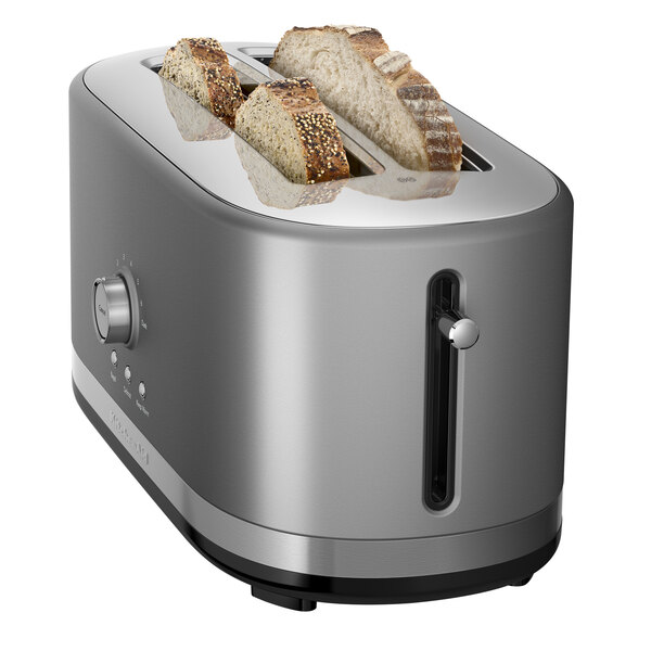 A KitchenAid toaster with two slices of bread in it.