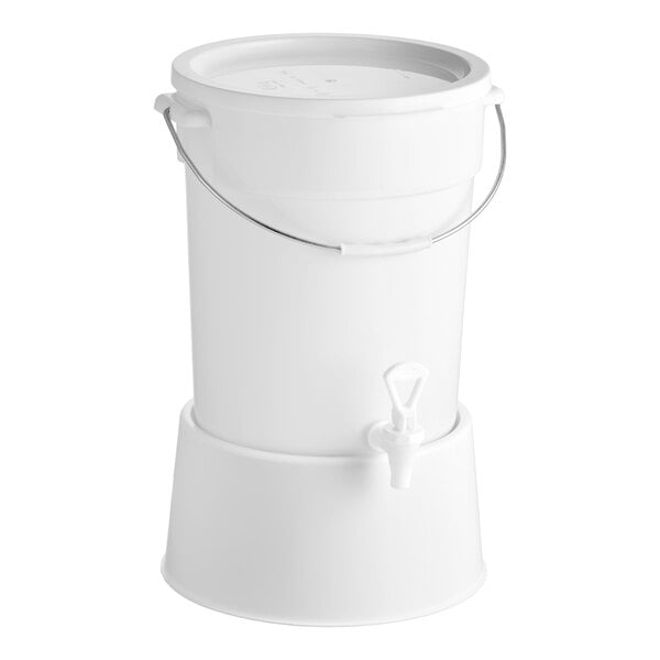 A round 6-gallon white beverage dispenser with a white base and a spigot.