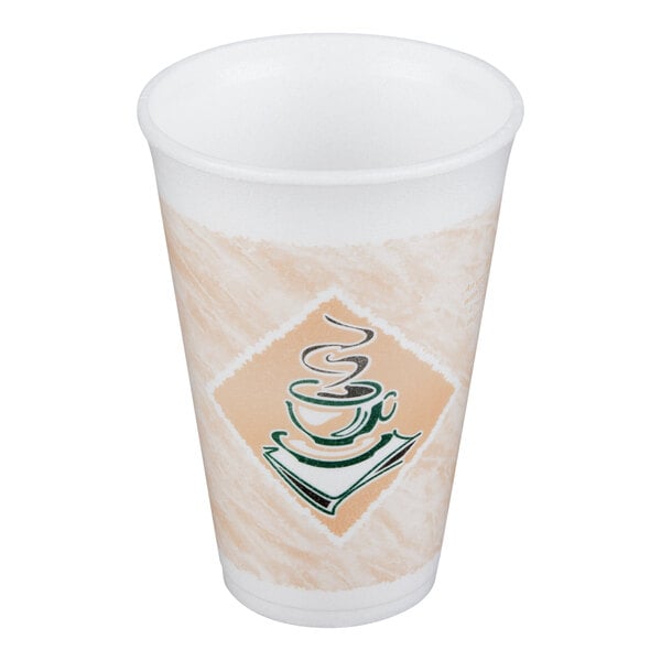A 16 oz. customizable foam cup with a coffee cup design on the front.
