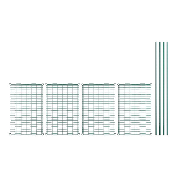 A wire mesh grid with green bars and poles.