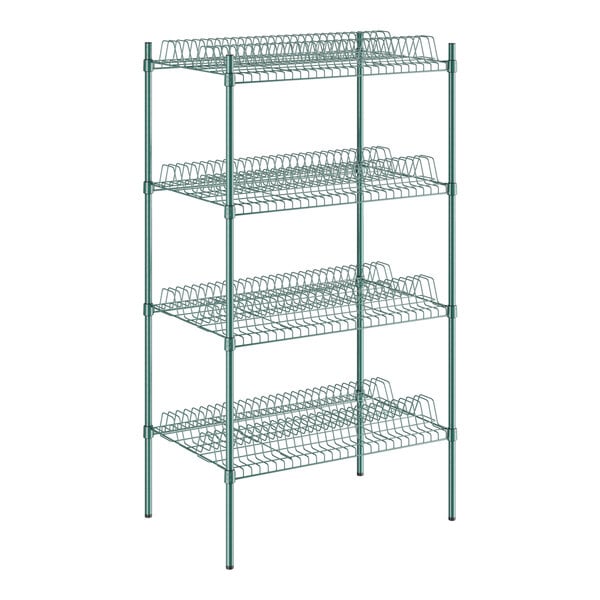 A green wire rack with four shelves.
