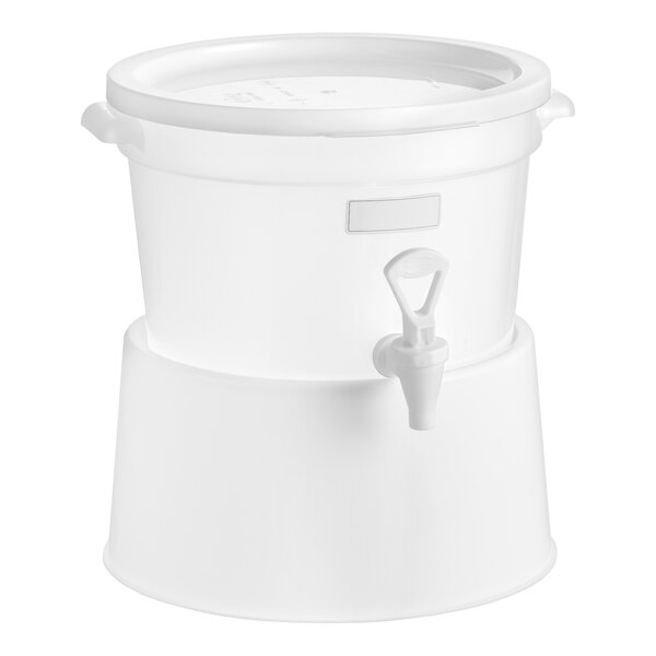 A round, translucent 3-gallon beverage dispenser with a white base and a spigot.