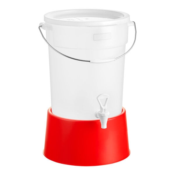 A round 6-gallon translucent beverage dispenser with a red base and a spigot.