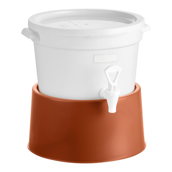 A round 3-gallon white beverage dispenser with a spigot and a brown base.