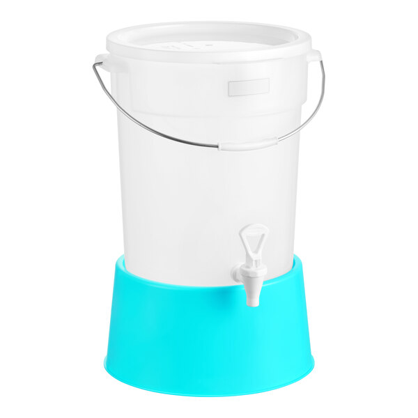 A round 6-gallon translucent beverage dispenser with a blue base and a spigot.