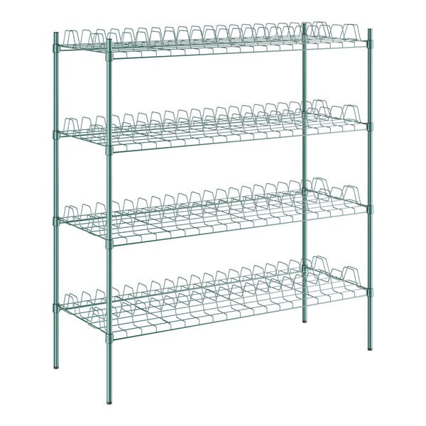 A green metal wire rack with four shelves.