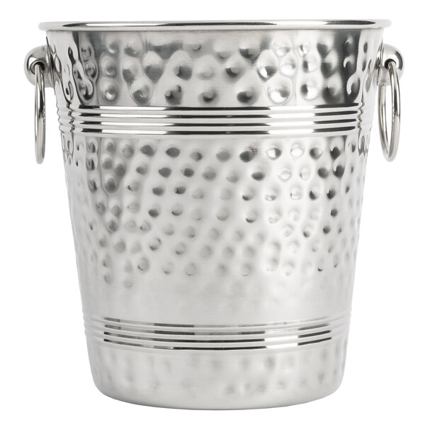 A Tablecraft silver stainless steel wine bucket with rings and handles.