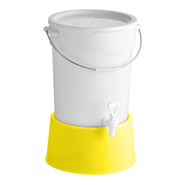 A round 6-gallon white beverage dispenser with a spigot and a yellow base.