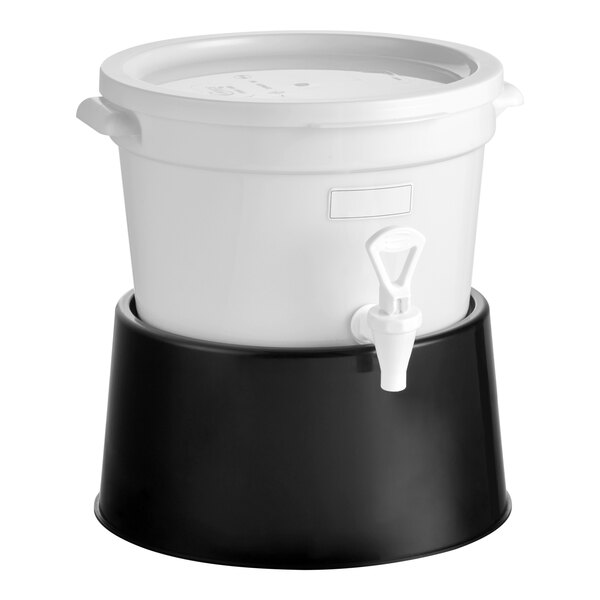 A round 3-gallon white beverage dispenser with a black base and a spigot.