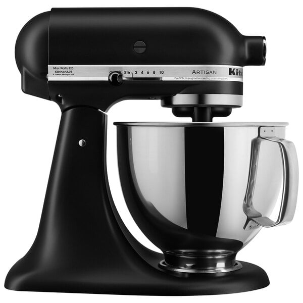 A close-up of a black and silver KitchenAid mixer.