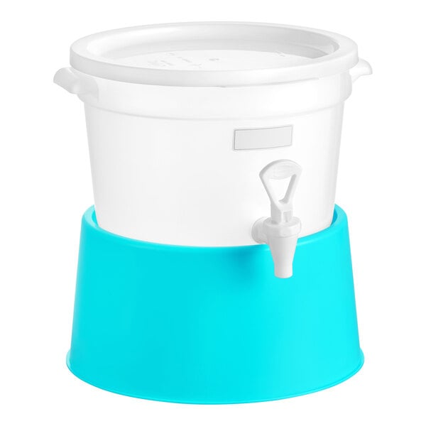 A round 3-gallon translucent beverage dispenser with a blue base and a spigot.