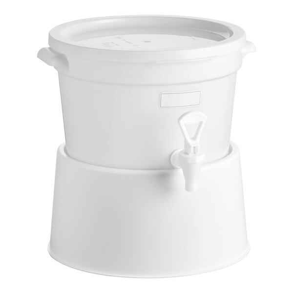 A round 3-gallon white beverage dispenser with a white base and a spigot.