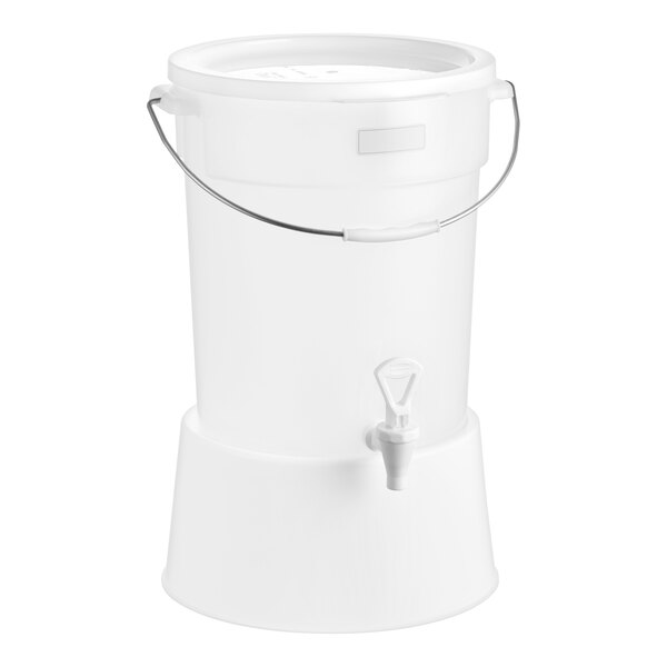 A round 6-gallon translucent beverage dispenser with a white base and a spigot.