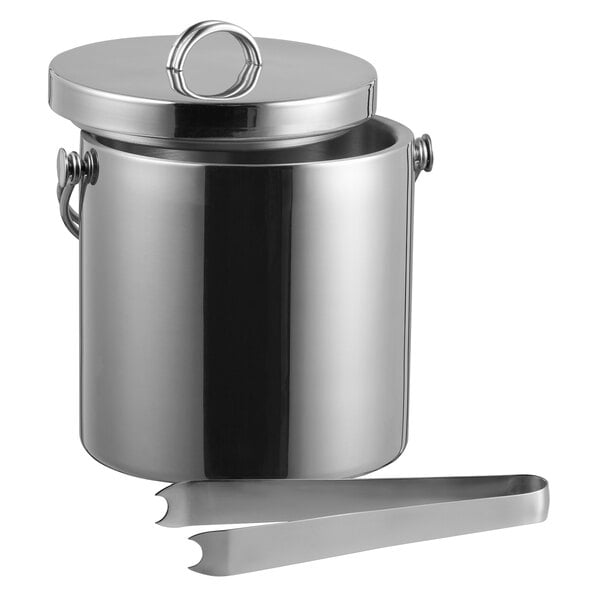 A Tablecraft stainless steel ice bucket with a lid and tongs.