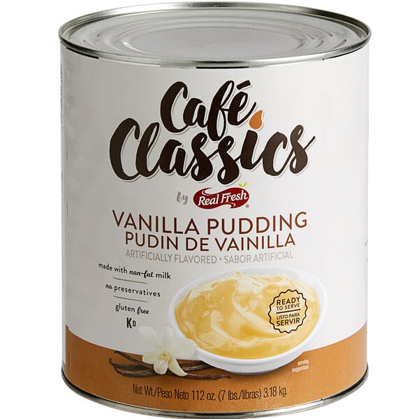 A #10 can of Cafe Classics vanilla pudding with a label.